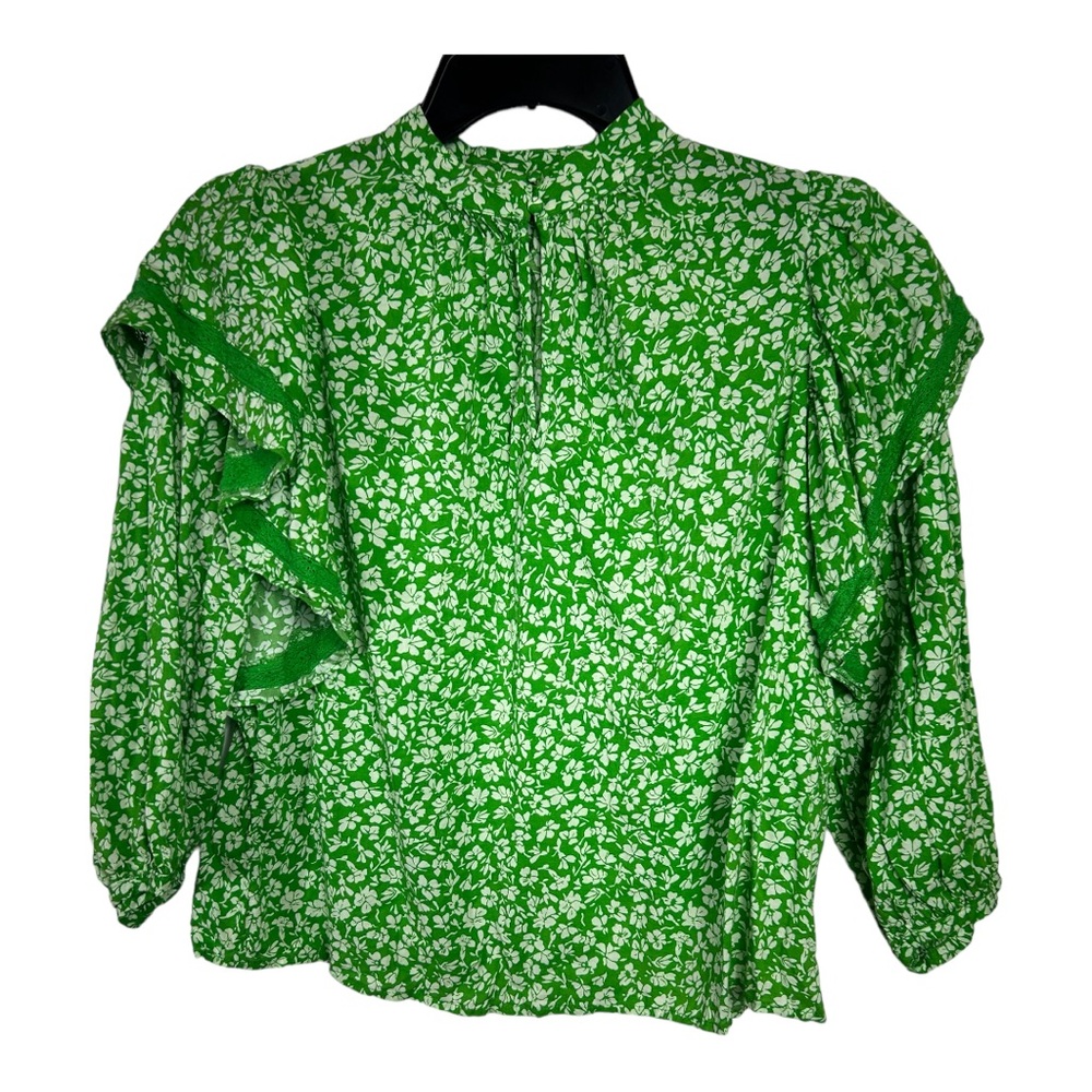 Who What Where cottagecore high neck ruffle poet sleeve top green Small G114